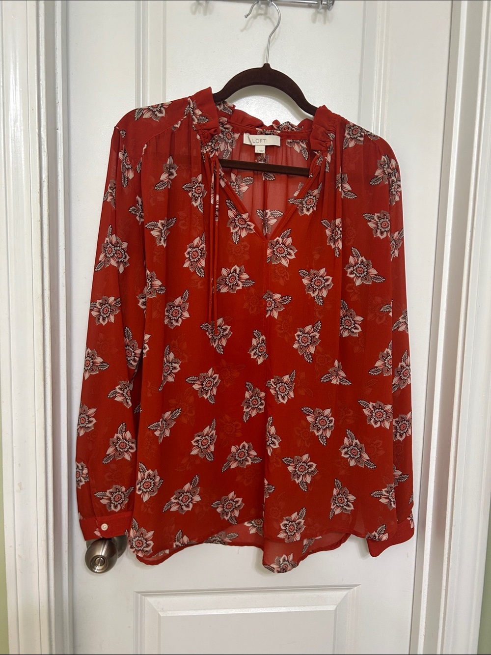 LOFT Rust Red Floral Tie-Neck Blouse